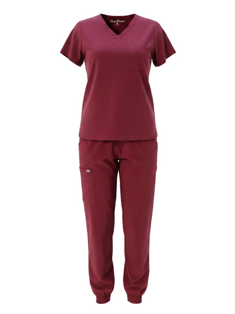 Easy Stretch Burgundy Jogger Scrub Set Women V Neck Top Pants SP Uniform
